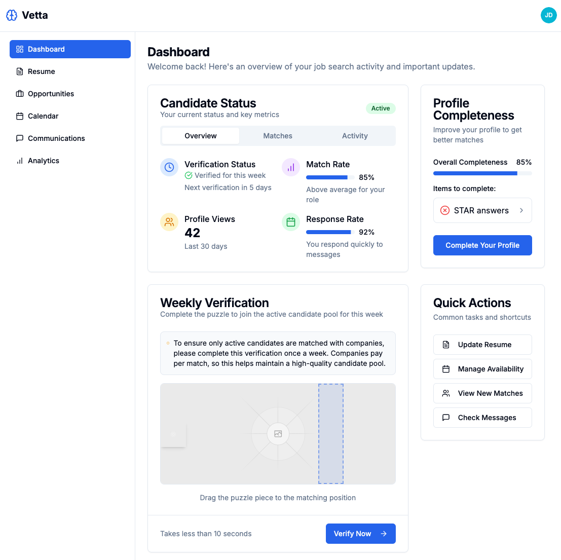 Dashboard with stats and verification